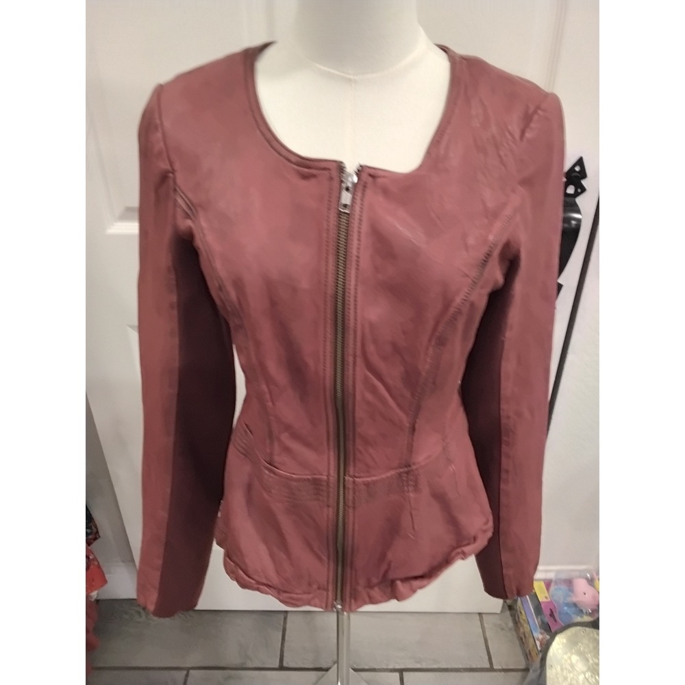 Hinge Womens Mauve Pink 100% Leather Full Zip Collarless Peplum Jacket Size M